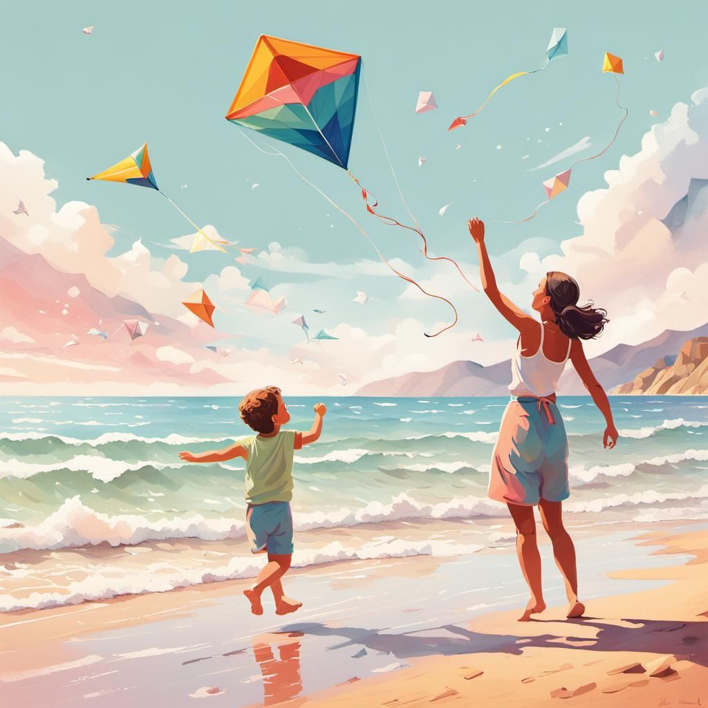 Mother and Child Fly Kite: Block Illustration