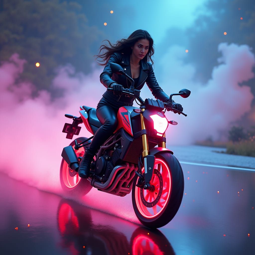 Woman on Neon Motorcycle in Dream Landscape