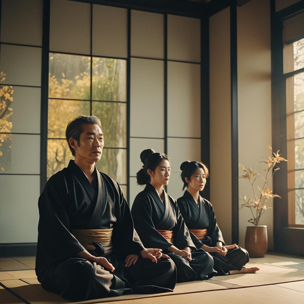 Meditating Couple in Kimonos with Golden Lighting