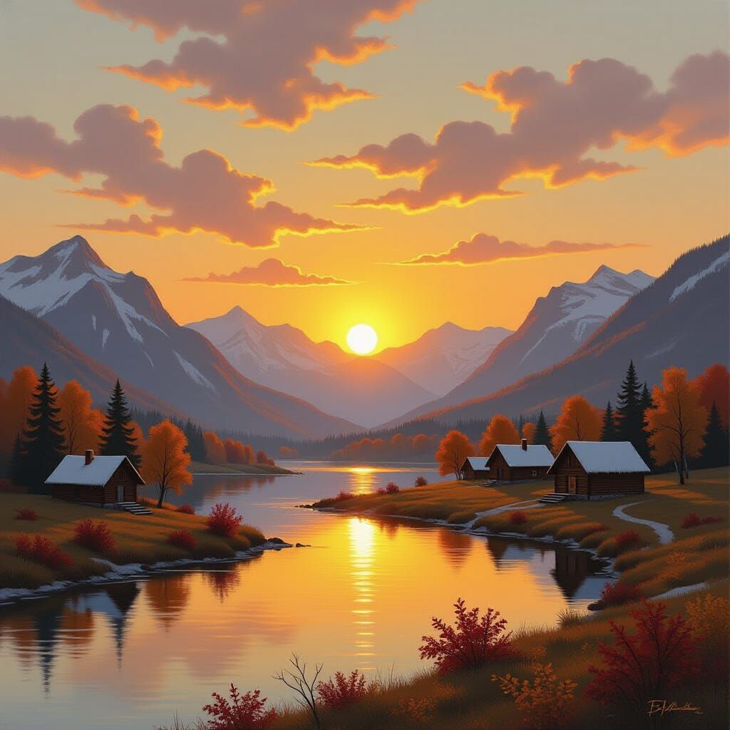 Autumn Sunset Landscape with River and Cabins
