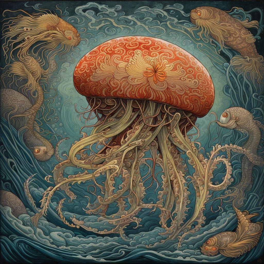 Japanese Woodblock Print: Jellyfish Dragon Hybrid