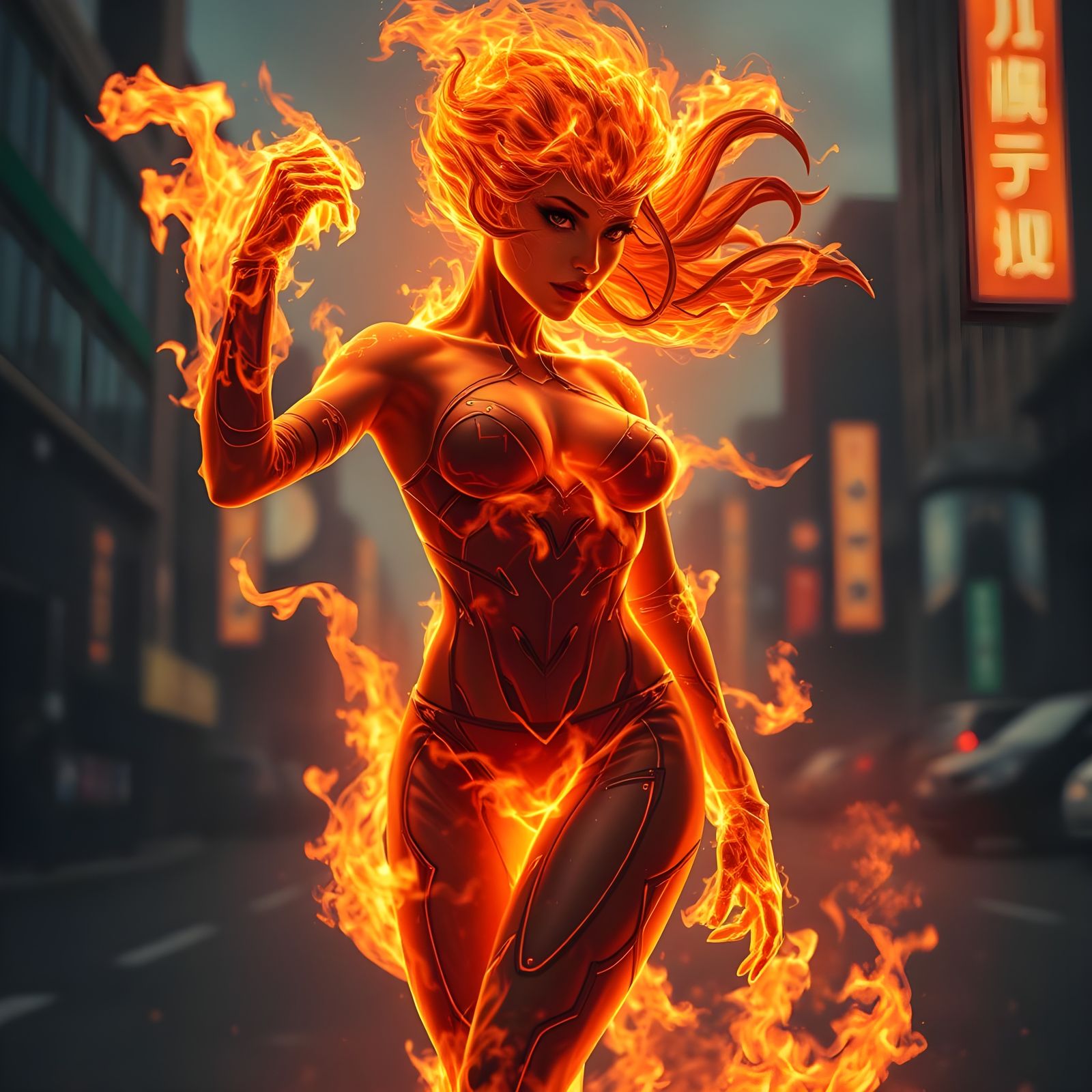 Fiery Humanoid in Dystopian Post-Apocalyptic Scene
