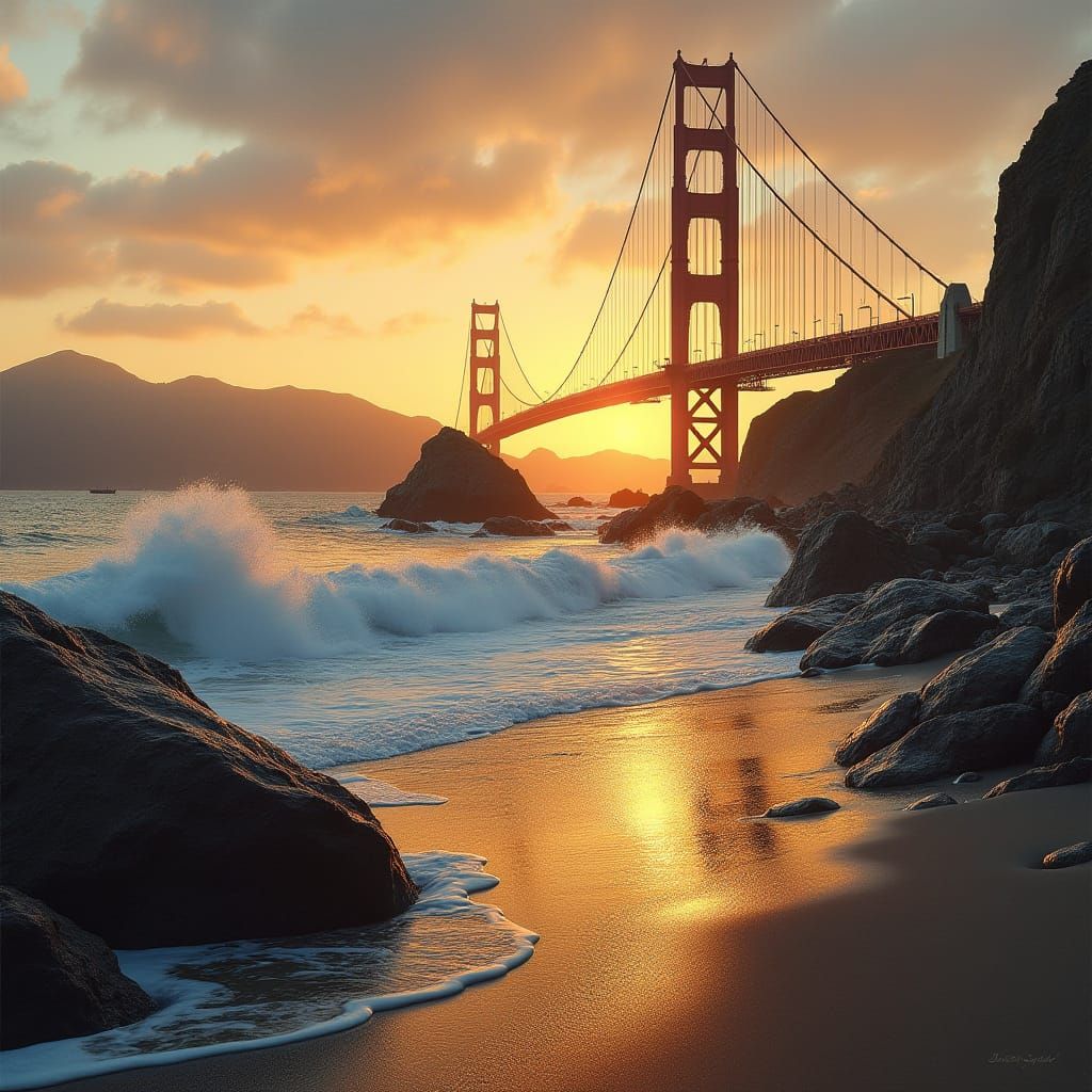 Golden Hour at Abandoned Beach with Golden Gate Bridge