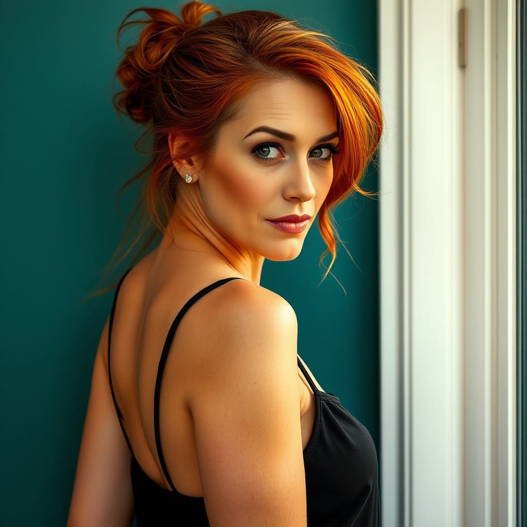 Elegant Mature Woman in Sultry Teal Ambiance