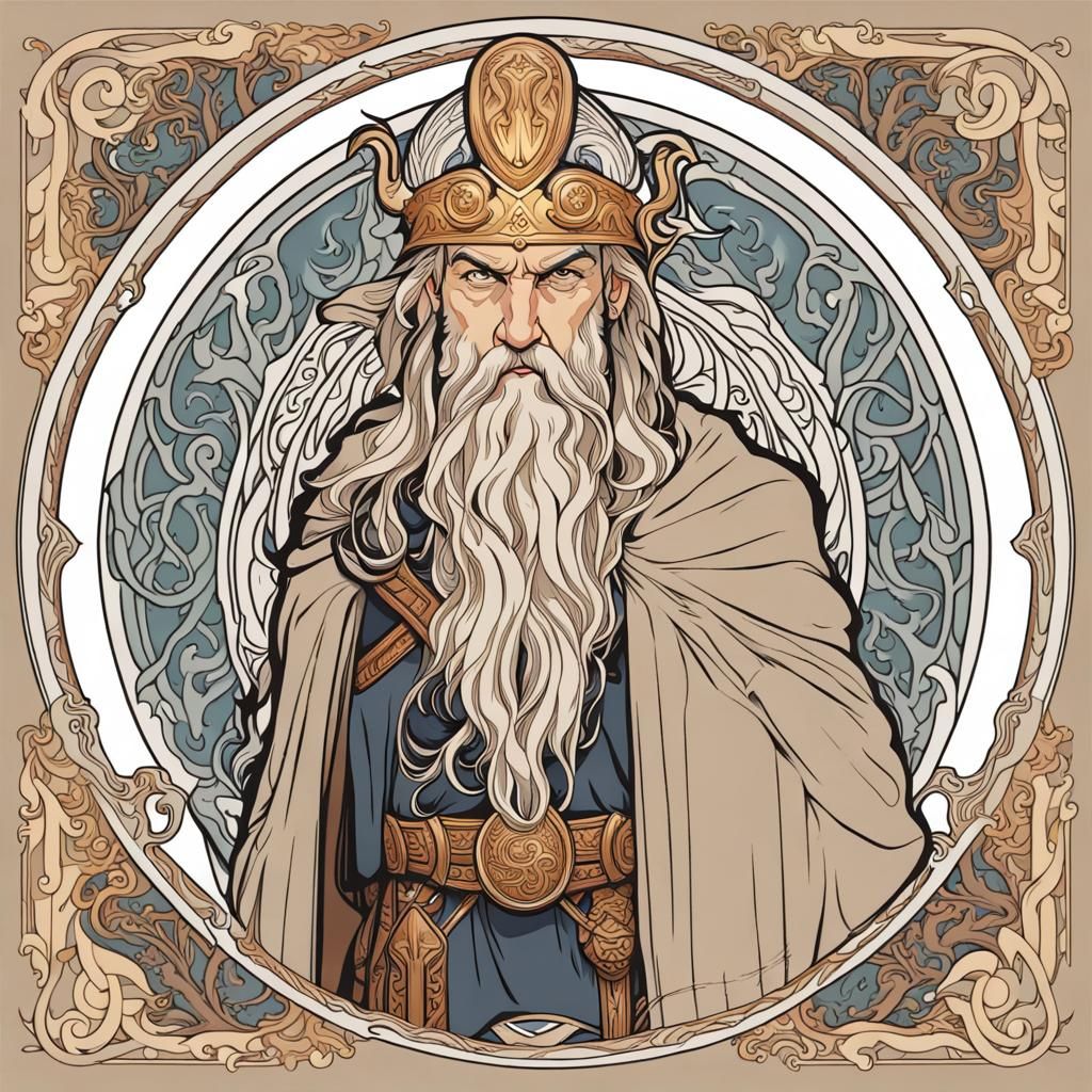 Odin in Mucha Style, Detailed Norse God