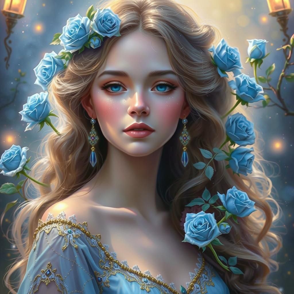 Ethereal Woman Conjures Glowing Blue Roses