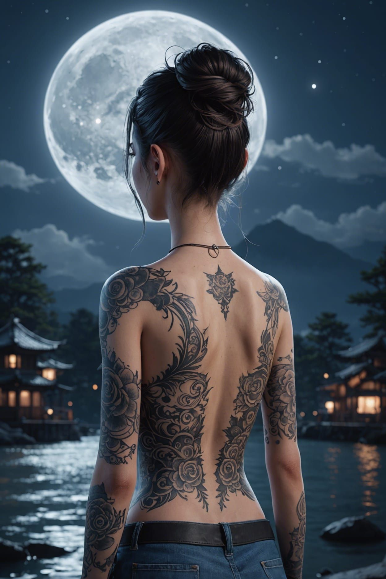 a girl in the moonlight with tattoos all over her back