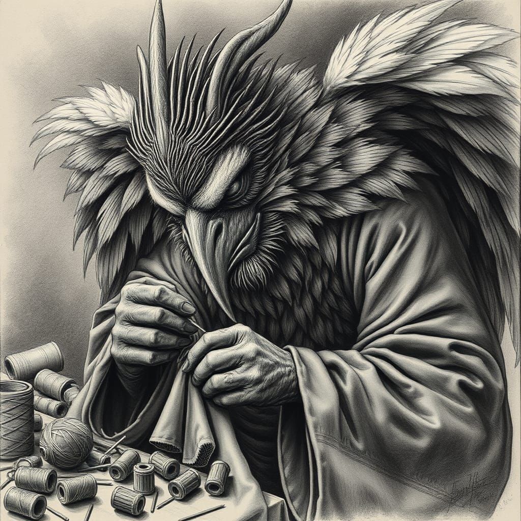 Tengu Sewing Kimono: Hyper-Realistic Charcoal Drawing