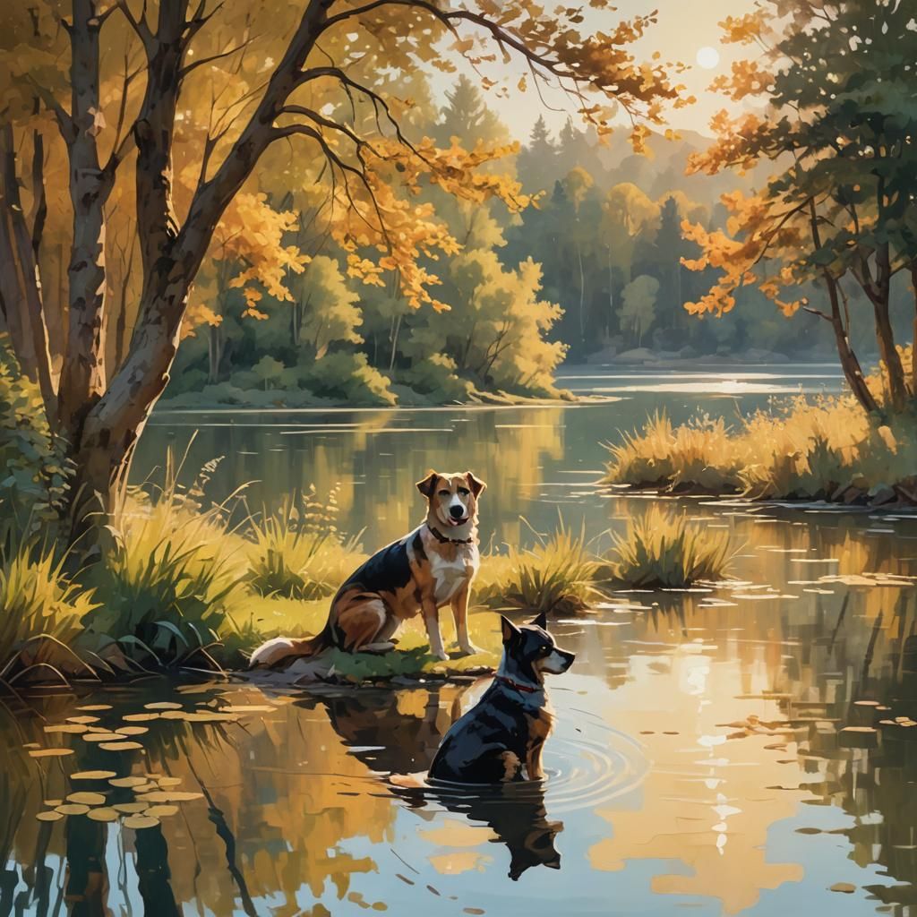 Dog and Cat by Lake in Impressionistic Style