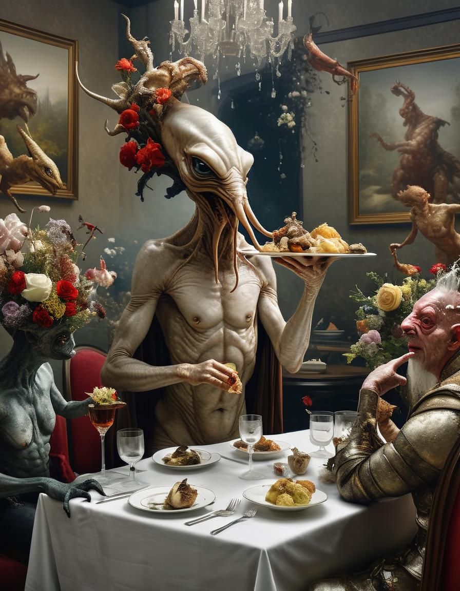 Exotic Alien Celebration in Subdued Restaurant Light