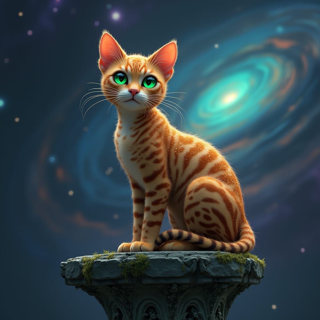 Regal Bengal Cat in Golden Stardust Coat Sits on Ancient Ped...