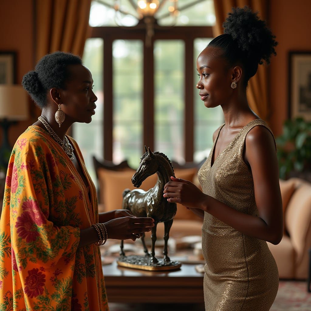 Elegant African Women with Bronze Horse Statue