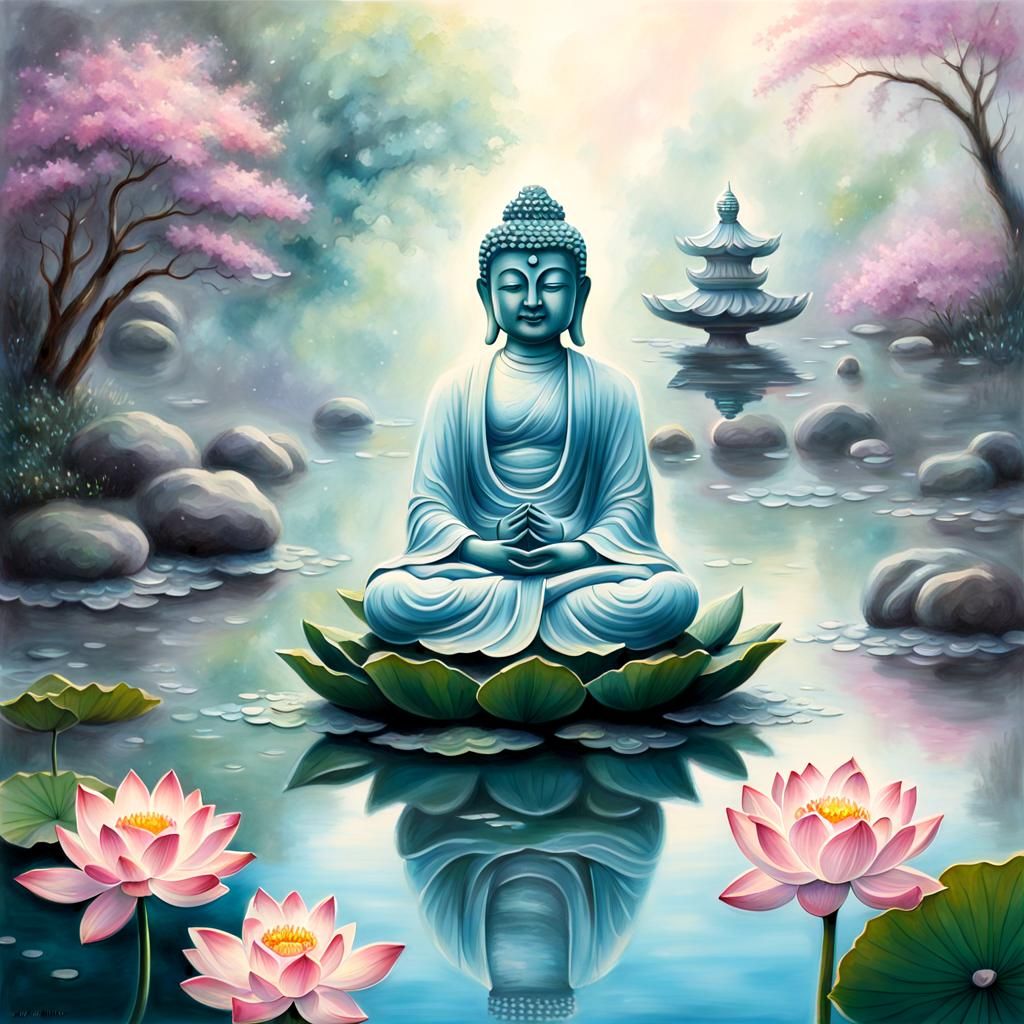 Zen Buddha Statue with Lotus in Pastel Drawing