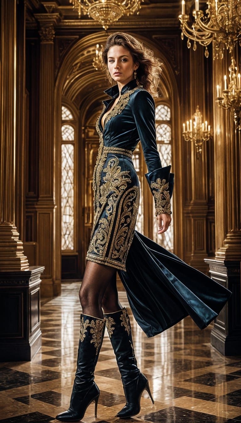 Luxurious Fashion Strut in Opulent Mansion Foyer