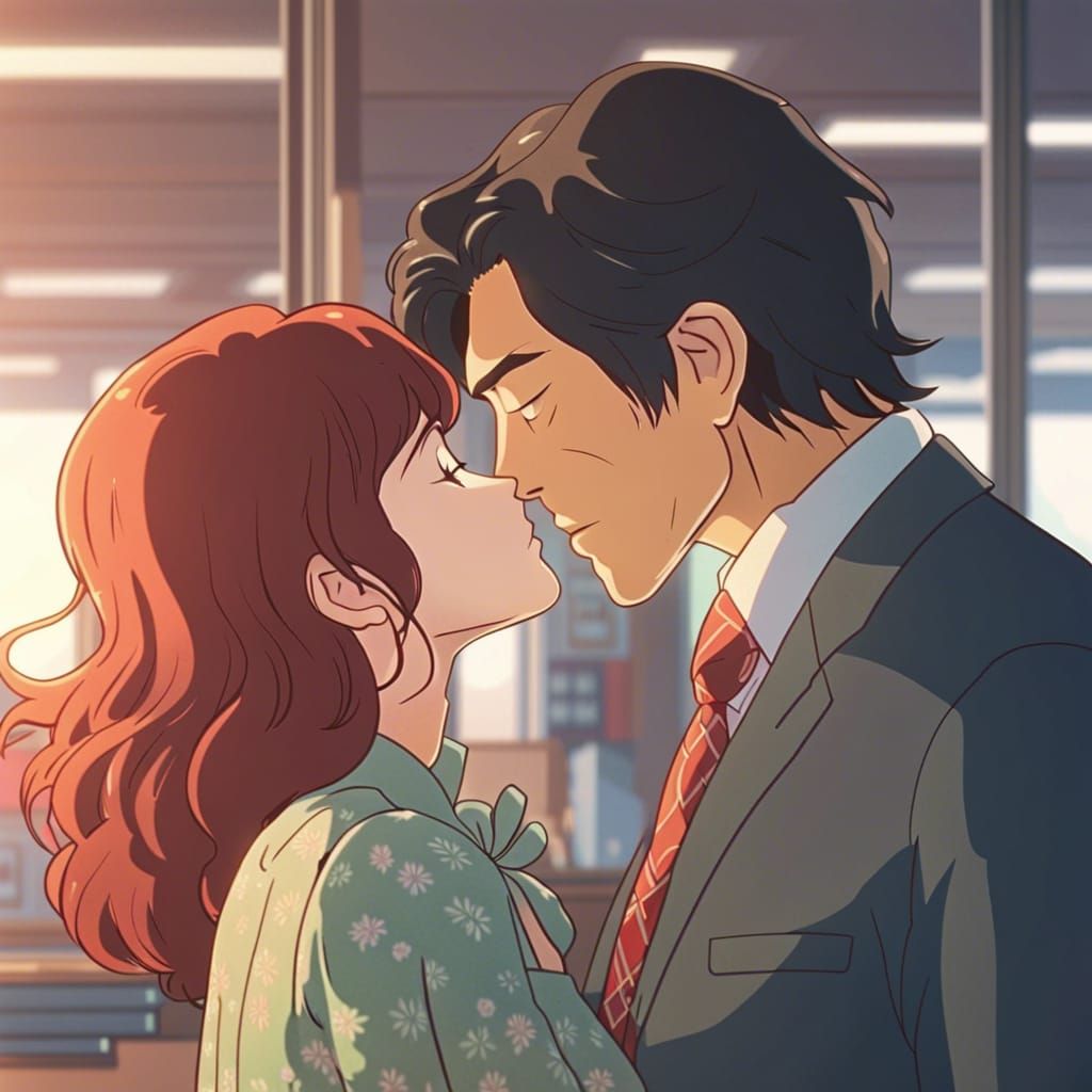 Romantic Office Kiss in Anime Style