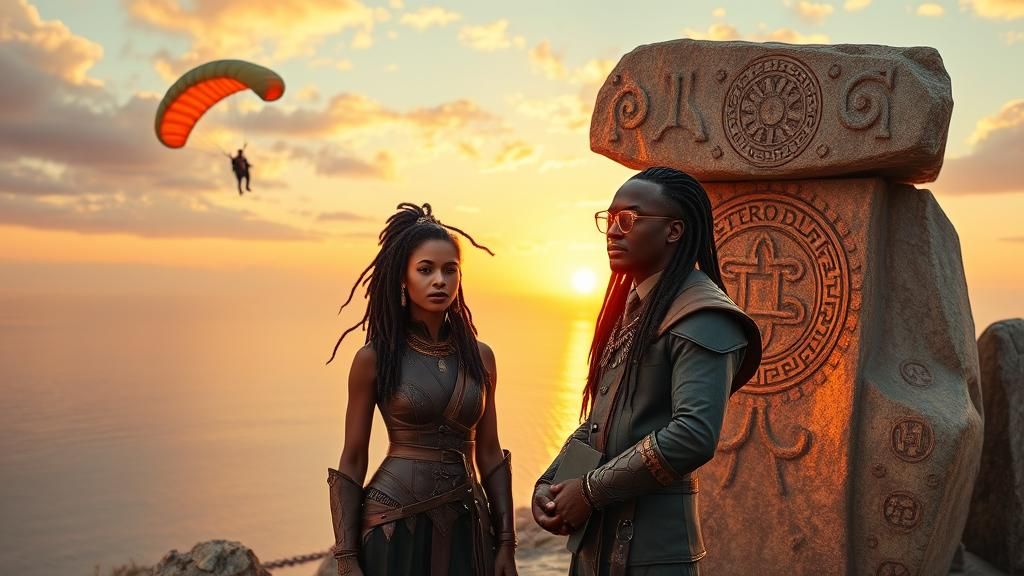 Armored Woman and Parachuting Boss in Surreal Landscape