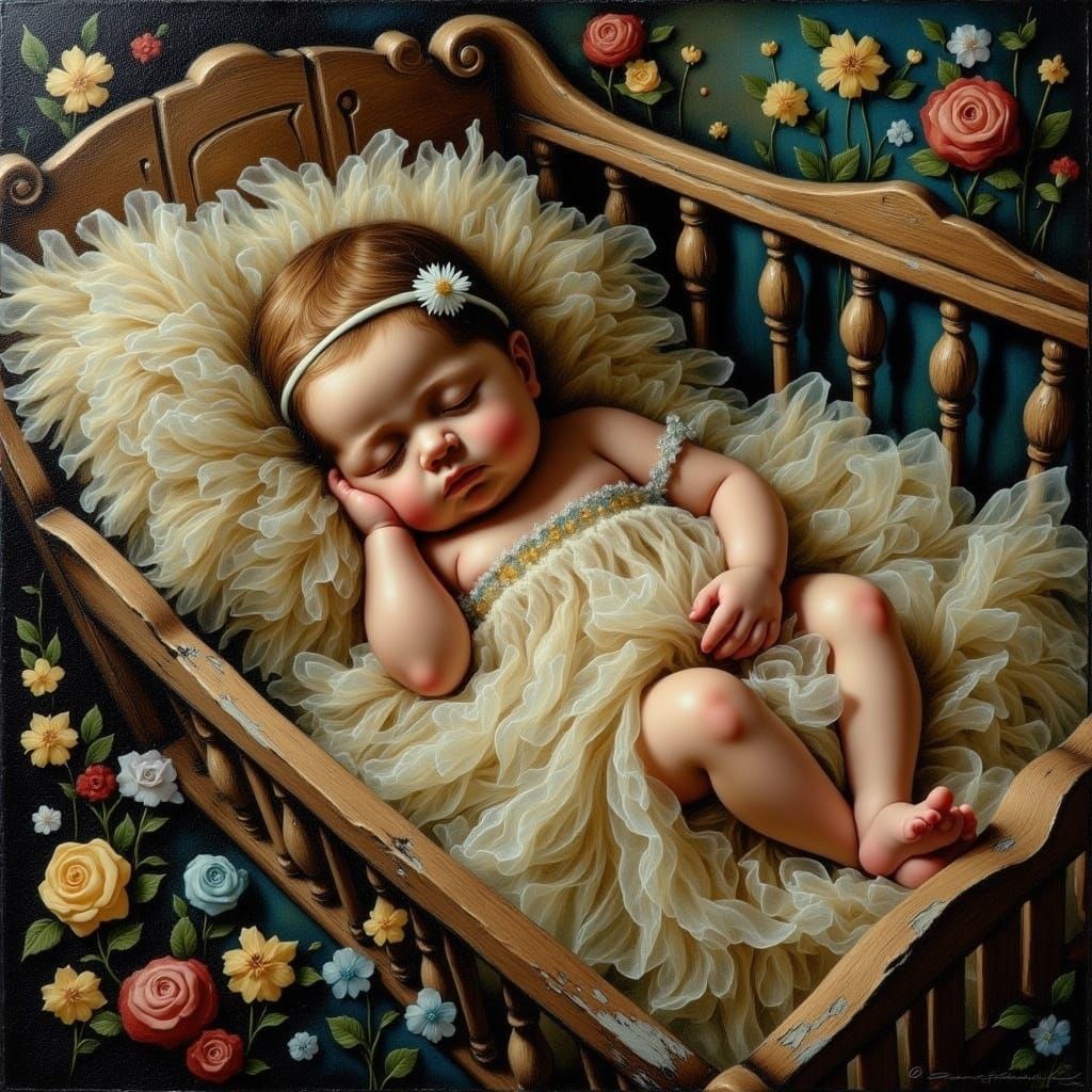 Impressionist Oil Painting of Sleeping Infant in Vintage Cri...