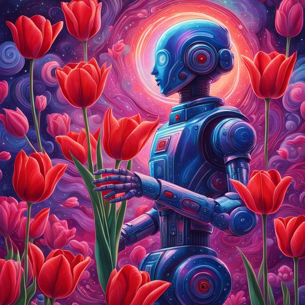 Cosmic Robot Offers Tulips: a Mixed Media Illustration