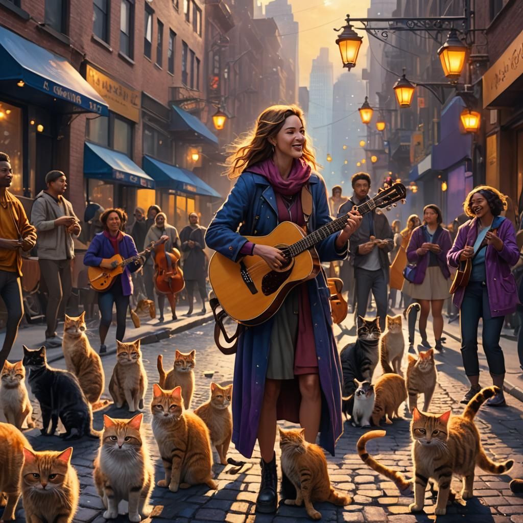 New York Street Musician with Appreciative Cats