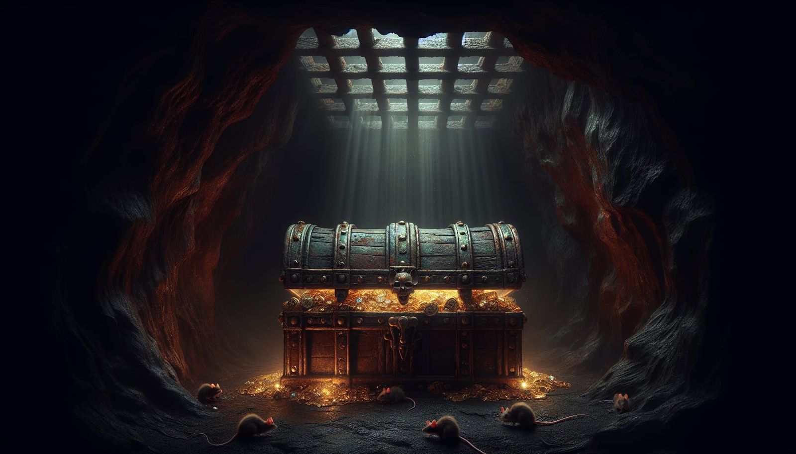 Glowing Treasure Chest in Dark Cave Passage