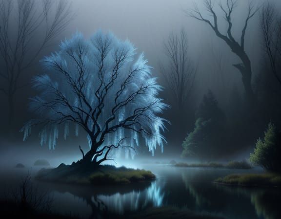 Majestic Weeping Willow by Moonlit River in Fantasy Style