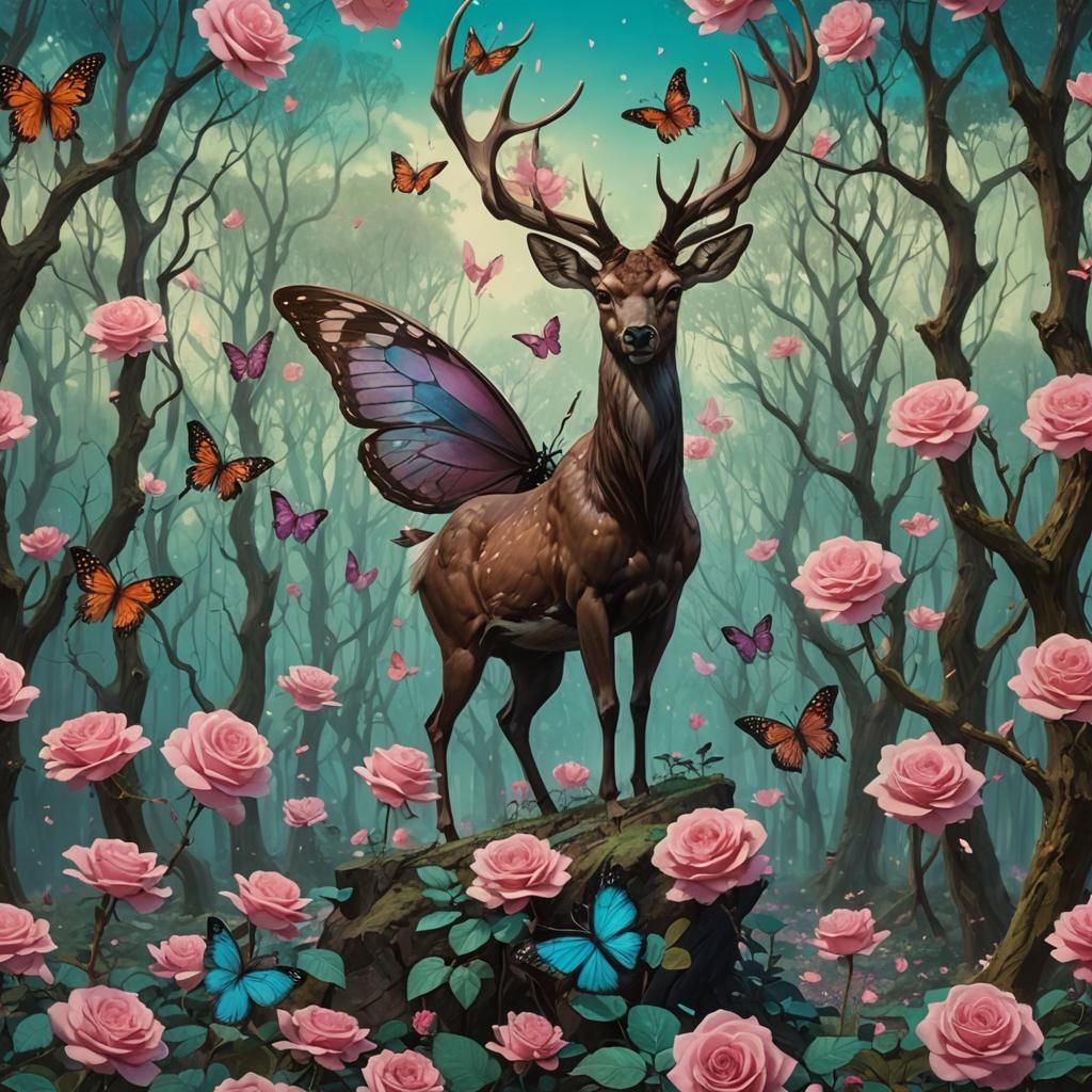 Surreal Pink Deer in Dark Forest, Anime Art