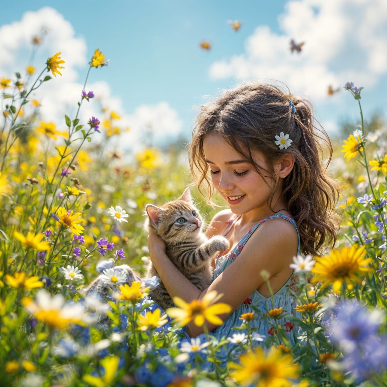 Girl and Kitten in Sunny Spring Meadow