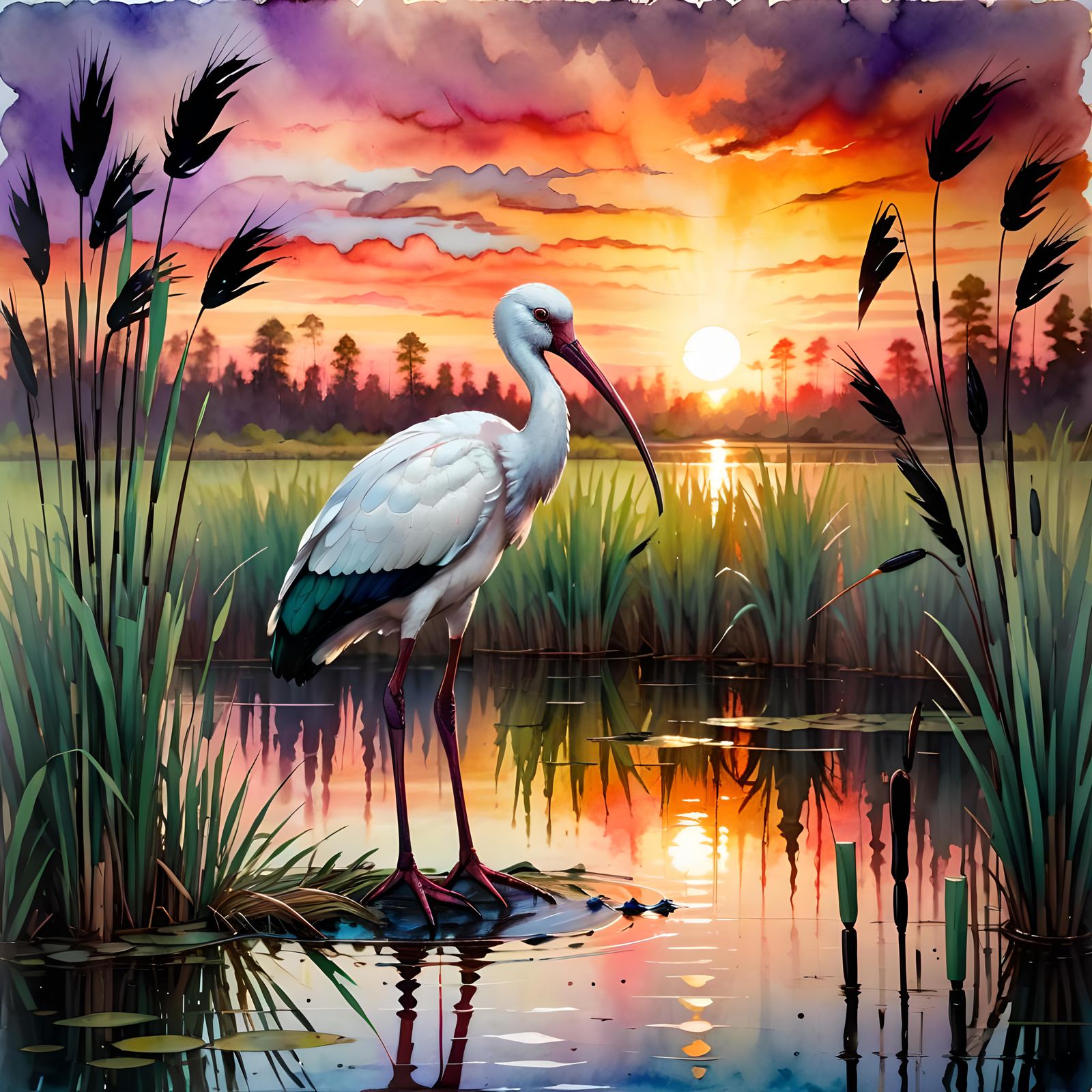 Ibis in Pond at Sunset in Alcohol Ink Style