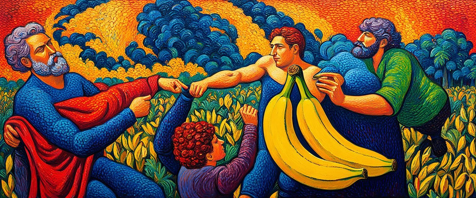 God Offers Adam Banana: Neo-Impressionist Oil Painting