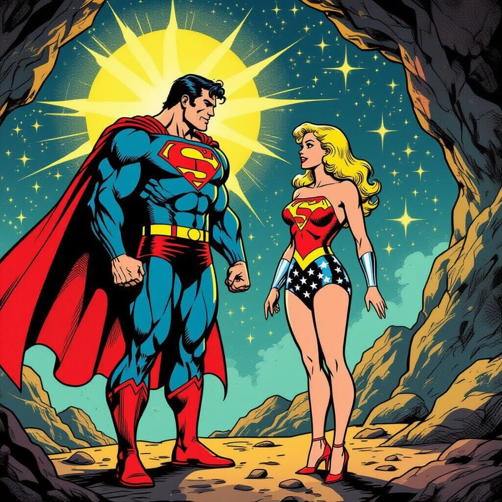 Hercules-Superman Meets Blonde in Deep Space Retro Comic Art