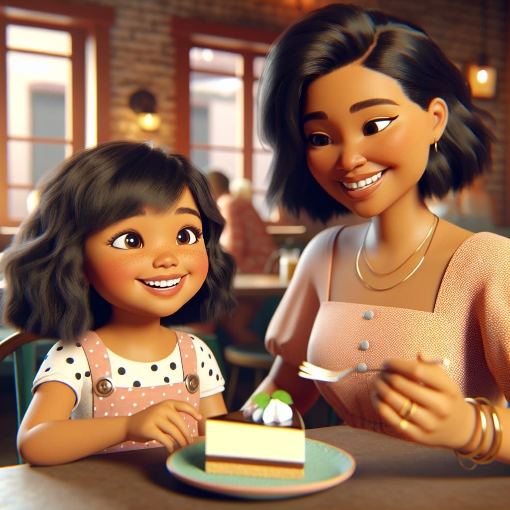 Disney Pixar style 3D adorable little girl and her beautiful mom, sharing a piece of cheesecake in a cafe background