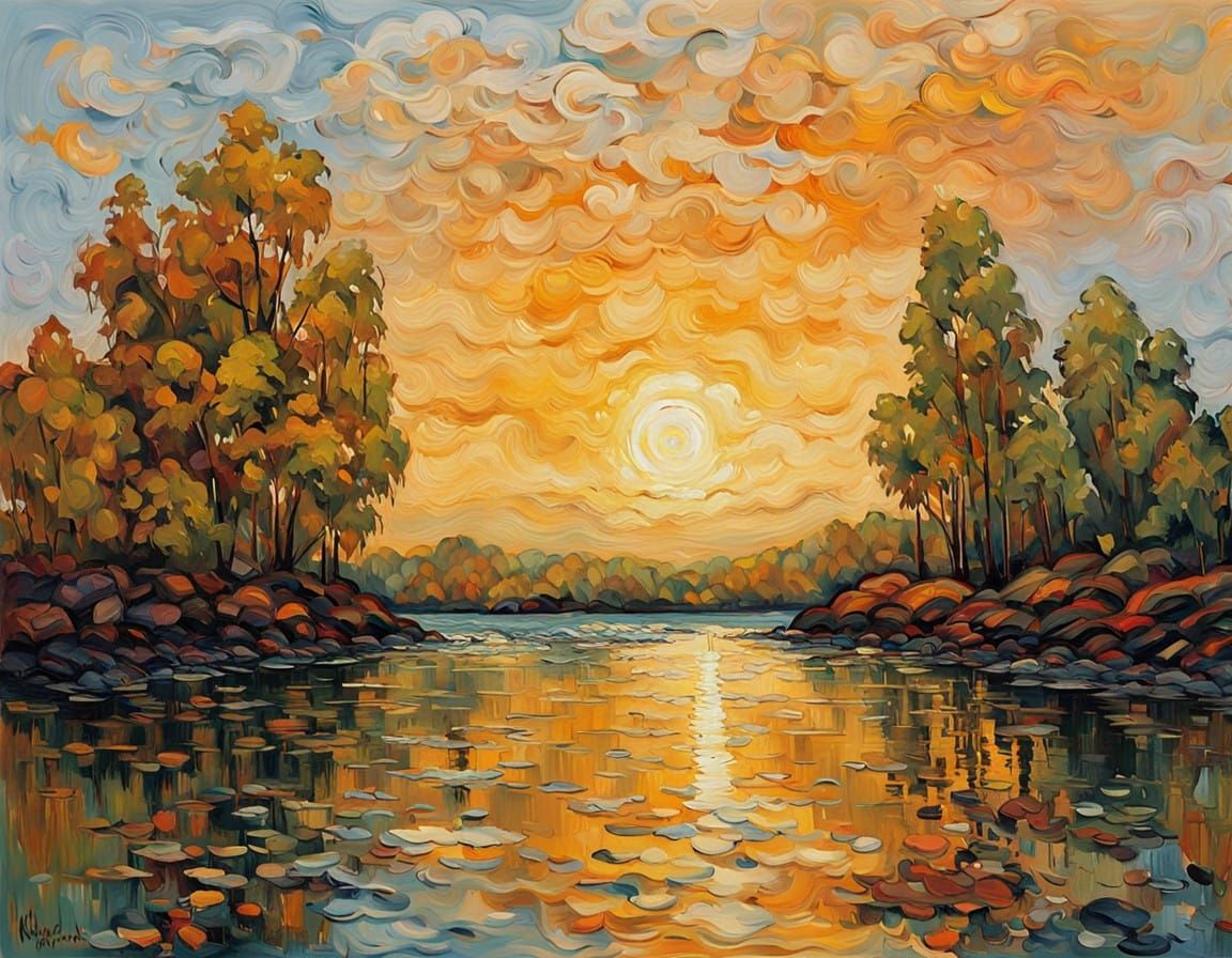 Golden River at Sunset with Contemplative Figure