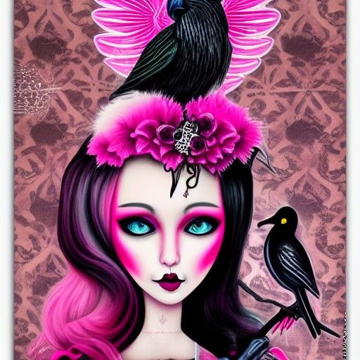 Gothic Ballerina with Pink Raven in Fauvist Style