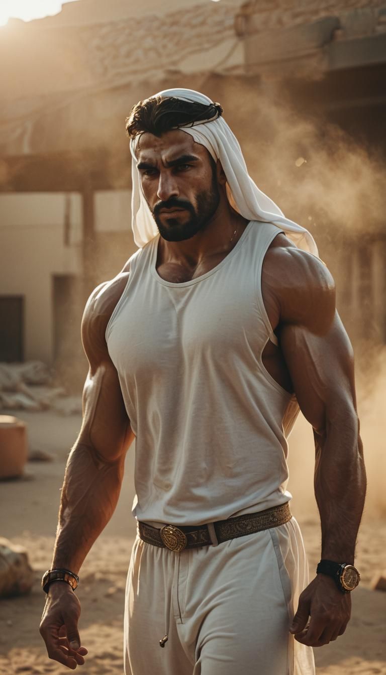 Cinematic Arab Bodybuilder in Golden Hour Light
