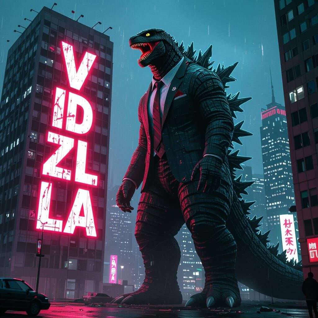 Giant Monster Vidzilla in Cityscape, Syd Mead Style