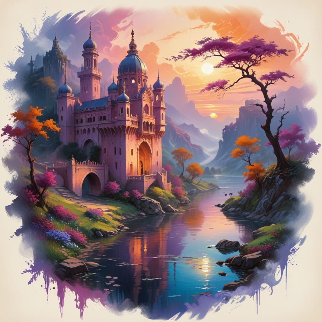 Surreal Palace by the Majestic River in Vibrant Sunset Color...