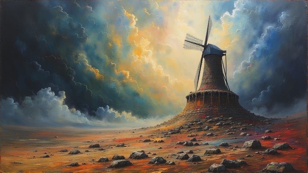 Alien Colony Windmill in Dark Oil Paint Style