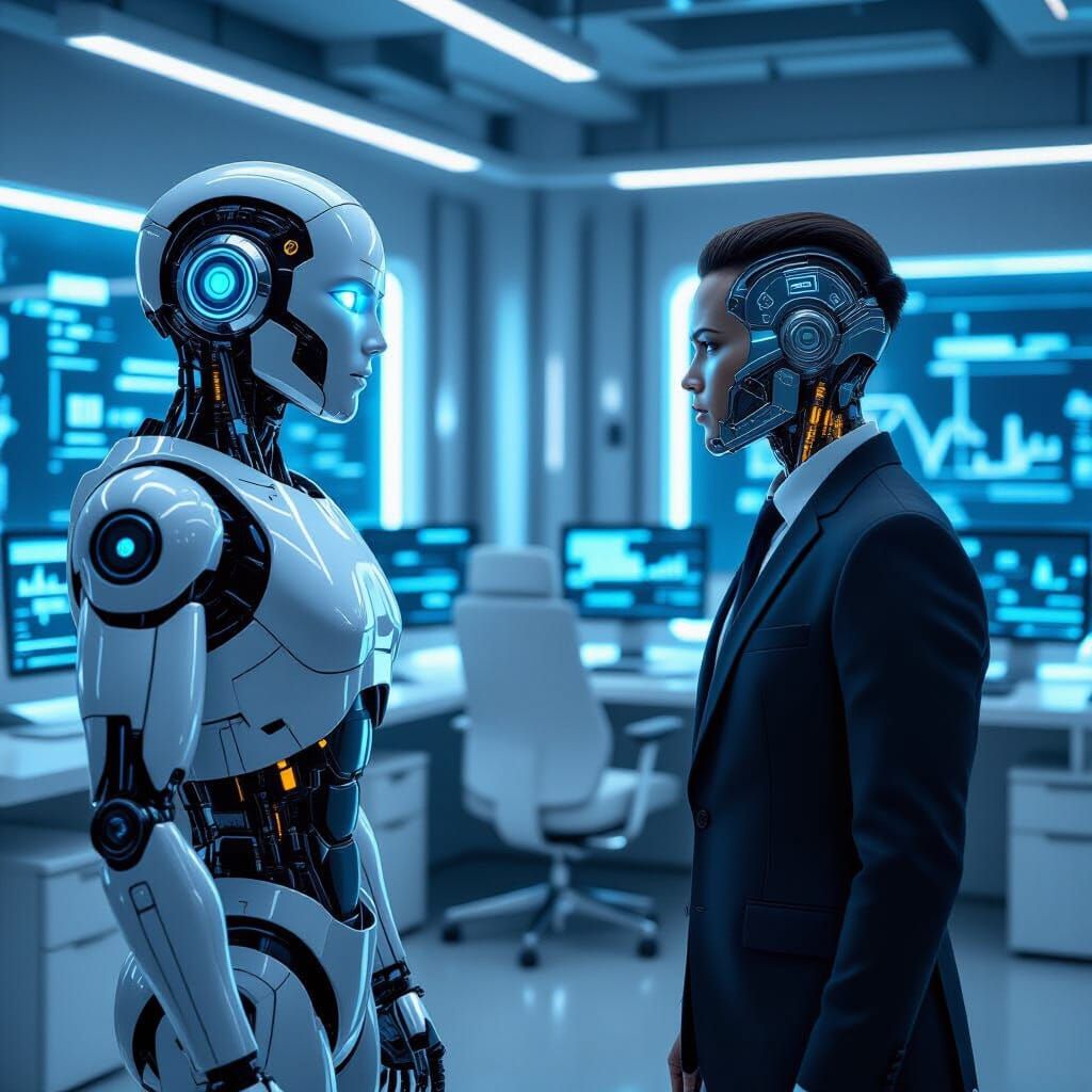 Robot Side Eye in Futuristic Office, Hyperrealistic Style