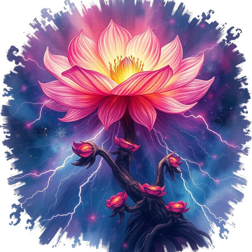 Holographic Astral Blossoms in Mixed Media Style