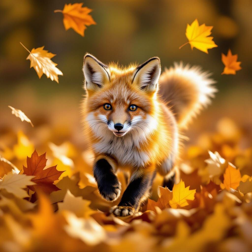 Fluffy Red Fox Kit Leaping Through Autumn Leaves