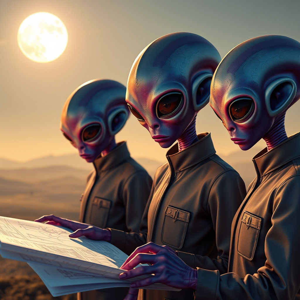 UFO Aliens Study Blueprints Under Moonlit Sky