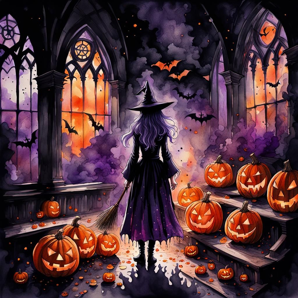 Halloween Witch in Abandoned Church, Watercolour Ink