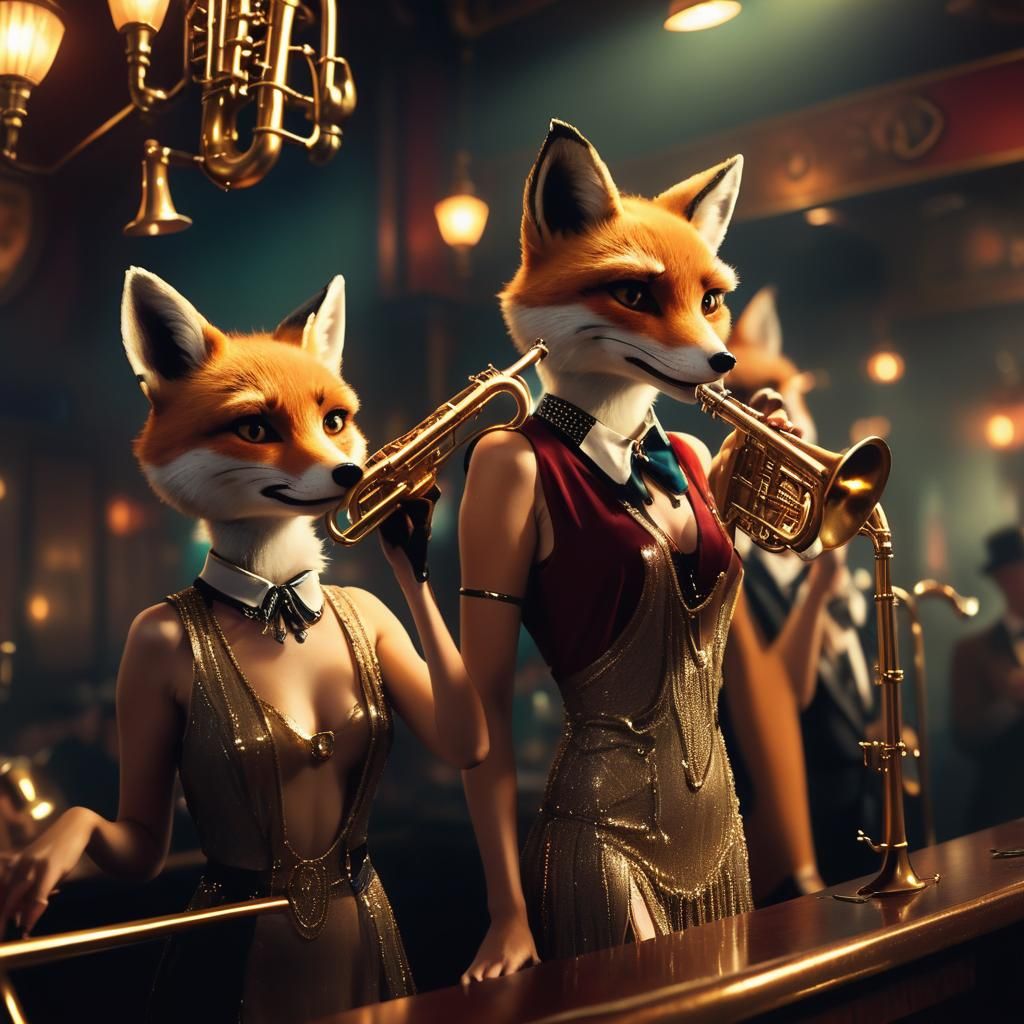 Roaring 1920’s jazz bar with saxophone and piano. Adorable female foxes dressed in flapper costumes playing brass instru...