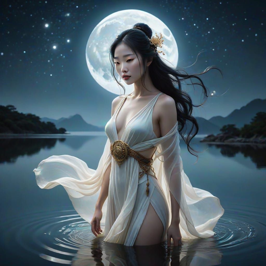 Gothic Chinese Goddess Selune Basks in Moonlight on Tranquil...