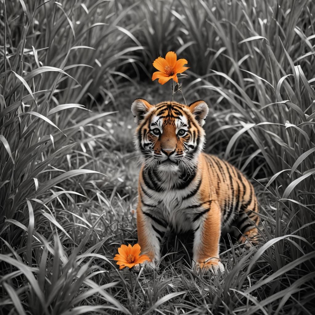Tiny Tiger Amidst Black and White Grass with Vibrant Orange...