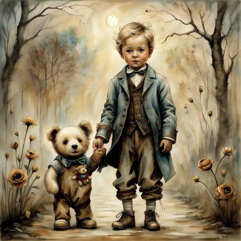 Boy with Teddy Bear Puppet in Ghibli Style