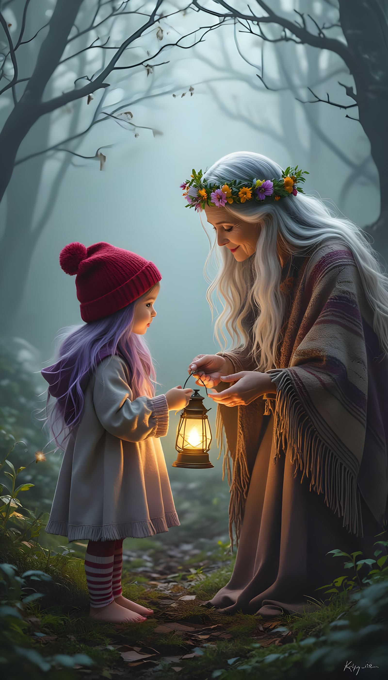 Enchanted Forest Girl Offers Light to Fairy Grandmother