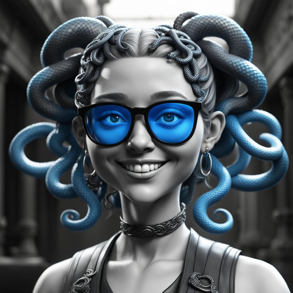 Smiling Blue Medusa with Snake Pigtails