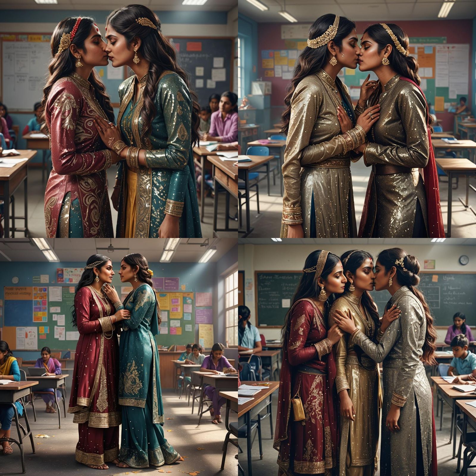 Lesbian Indian Women Kissing in Classroom, Hyperrealistic