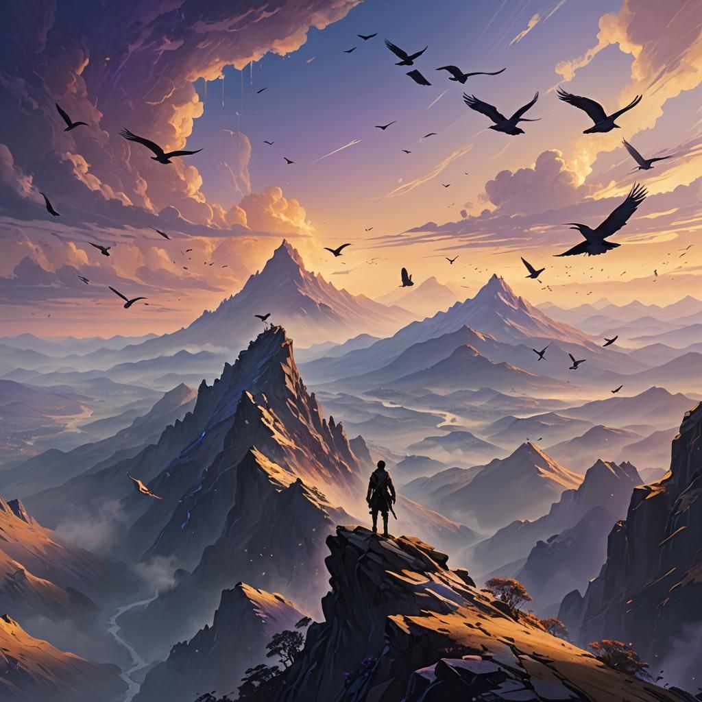 Lone Figure on Mountain Peak at Dawn
